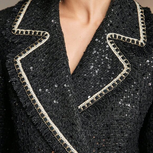 Black Elegant Women's Tweed Sequin Double Breasted Lapel Collar Overcoat Jacket - Picture 8 of 14